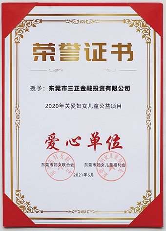 6月3日上午，东莞市妇联联合市委组织部、市直工委、市妇女儿童福利会共同启动了2021年东莞市妇女儿童“党群公益汇”活动。启动议式上，尊龙中国官网金融投资公司被授予“爱心单位”荣誉证书。